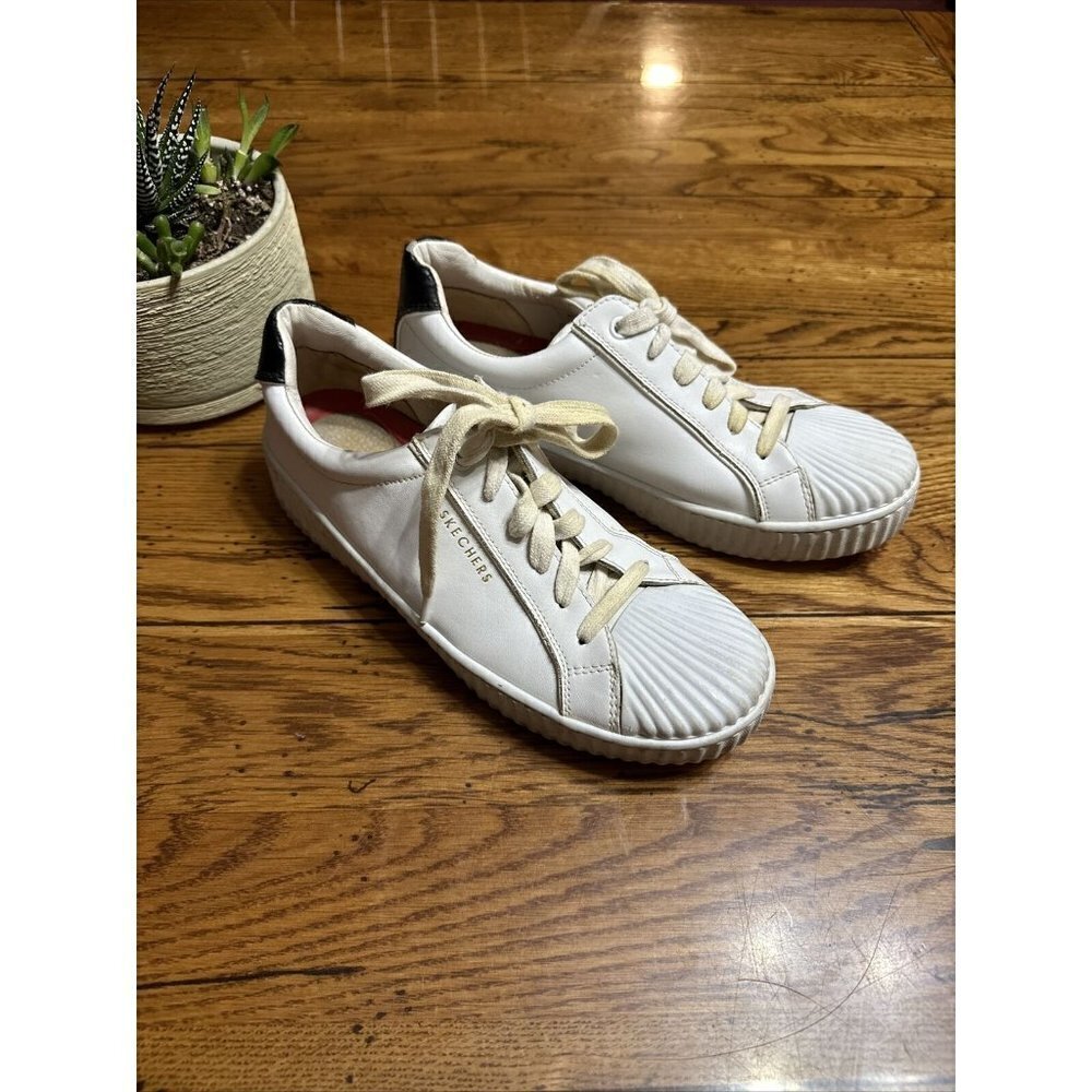 skechers Street Los Angeles 73680 White Black Leather Shell Toe Sneaker Size 9